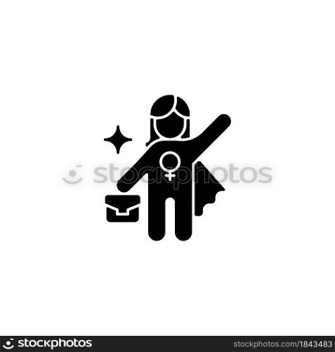 Women career black glyph icon. Advance to higher position. Fighting traditional glass ceiling. Gender diversity. Climbing career ladder. Silhouette symbol on white space. Vector isolated illustration. Women career black glyph icon