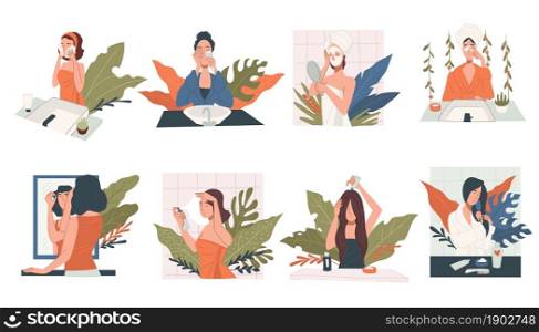 Women caring for body and face, beauty and spa procedures at home. Female characters in bathroom with towels and bathrobes doing masks and applying cosmetics for hairdo. Vector in flat style. Female characters doing beauty procedures at home