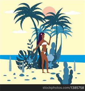 Women character with smartphone in bikini on background of exotic plants of palm sea. Women character with smartphone in bikini on background of exotic plants of palm sea, ocean, beach. Trend modern flat cartoon, vector, isolated, poster
