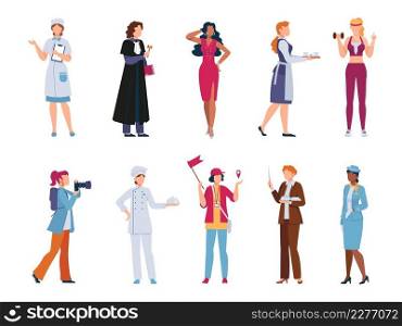 Women characters in profession uniform, judge, chef and professor. Flat female workers, guid, model and nurse. Woman job career vector set. Illustration of profession cartoon job female. Women characters in profession uniform, judge, chef and professor. Flat female workers, guid, model and nurse. Woman job career vector set