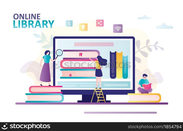 Women choose book on computer screen. Cartoon man reads book. Concept of online library, ebook and web archive. Banner on theme new technology and literature. Trendy style flat vector illustration. Women choose book on computer screen. Cartoon man reads book. Concept of online library, ebook and web archive
