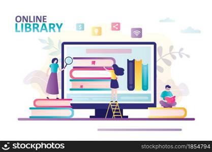Women choose book on computer screen. Cartoon man reads book. Concept of online library, ebook and web archive. Banner on theme new technology and literature. Trendy style flat vector illustration. Women choose book on computer screen. Cartoon man reads book. Concept of online library, ebook and web archive