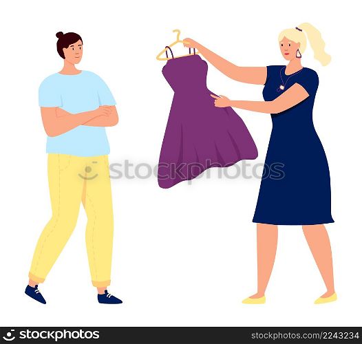 Women choosing dress. People buying clothes in trendy modern style. Vector illustration. Women choosing dress. People buying clothes in trendy modern style
