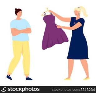 Women choosing dress. People buying clothes in trendy modern style. Vector illustration. Women choosing dress. People buying clothes in trendy modern style