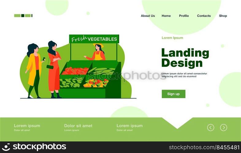 Women choosing fresh vegetables from farm. Farmer, eco, meal flat vector illustration. Healthy food and nutrition concept for banner, website design or landing web page
