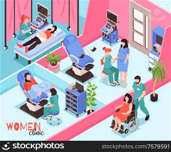 Women clinic isometric composition with doctors examining patients and conducting ultrasound checking of pregnancy vector illustration