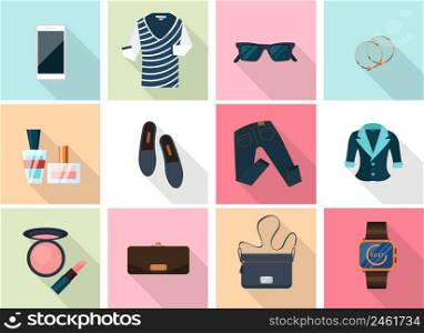 Women clothes and accessories icons in flat style. Lipstick and earrings, smartphone and perfume, makeup and watches. Vector illustration. Women clothes and accessories icons in flat style