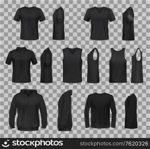 Women clothes black templates and sportswear apparel 3D realistic mockup models. Vector isolated t-shirts, sport tank tops and hoodies, casual polo or sleeveless shirt templates front and side view. Women shirts clothes black 3D template models