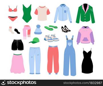 Women clothes. Cartoon fashion girls and adult female seasonal outfits. Isolated skirt and shirt. Bright pants or shoes. Casual and business clothing. Underwear and accessories. Vector garments set. Women clothes. Cartoon fashion girls and adult seasonal outfits. Skirt and shirt. Bright pants or shoes. Casual and business clothing. Underwear and accessories. Vector garments set