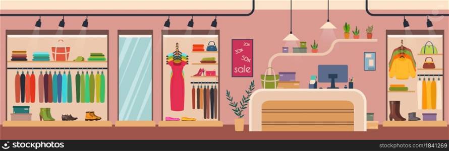 Women clothes store, fashion boutique interior. Female apparel and accessories retail clothing shop with counter table vector illustration. Room interior with glamour female outfits. Women clothes store, fashion boutique interior. Female apparel and accessories retail clothing shop with counter table vector illustration
