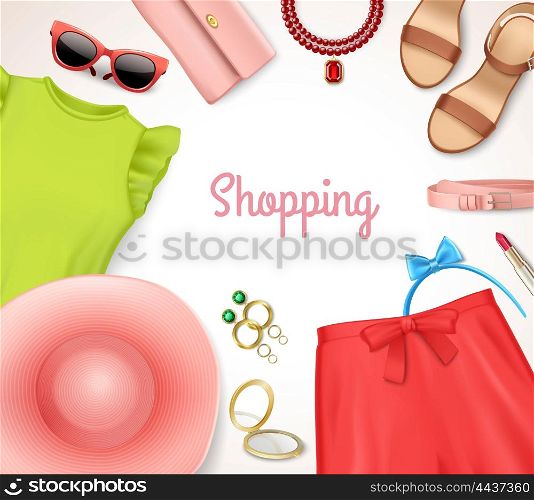 Women Clothing Accessories Frame. Summer romantic women clothing and accessories frame shopping poster flat vector illustration