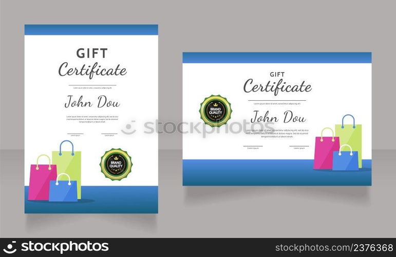 Women clothing gift certificate design template set. Vector diplomas with customized copyspace and borders. Printable documents for awards and recognition. Dancing Script Bold, Regular fonts used. Women clothing gift certificate design template set