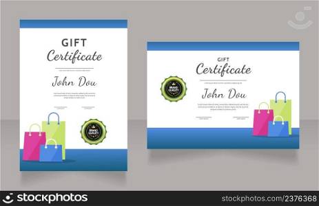Women clothing gift certificate design template set. Vector diplomas with customized copyspace and borders. Printable documents for awards and recognition. Dancing Script Bold, Regular fonts used. Women clothing gift certificate design template set