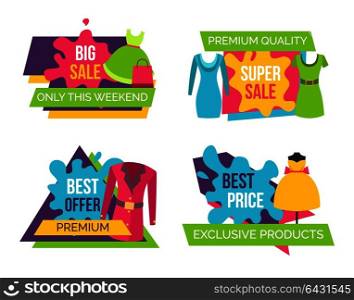 Women clothing store set of advertising labels with elements of apparel for woman, cute dresses on discount labels vector illustration promo tags. Women Clothing Store Set of Advertising Labels