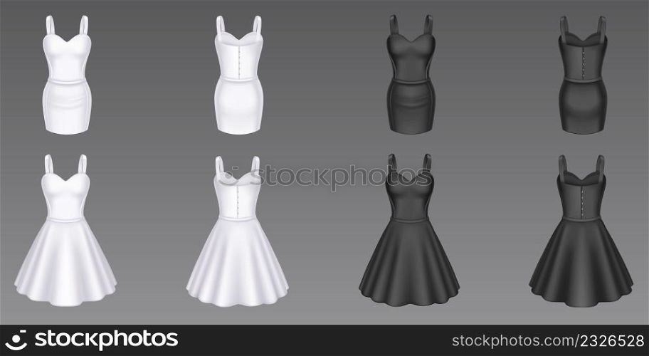 Women cocktail and sheath dresses in front and back view. Vector realistic 3d mockup of black and white girls evening gown with short skirt and sweetheart neckline isolated on background. Women black and white cocktail and sheath dresses