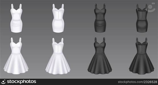 Women cocktail and sheath dresses in front and back view. Vector realistic 3d mockup of black and white girls evening gown with short skirt and sweetheart neckline isolated on background. Women black and white cocktail and sheath dresses