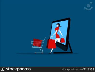 Women coming out of smartphone. lady in store and packages. buyer girl and shopping bag
