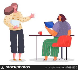 Women communicate at work. Workflow discussion of matters. Female characters business consultation. Girl with tablet pc in hands talking to a colleague. Meeting in office, development of plans. Women communicate at work. Workflow discussion of matters. Female characters business consultation