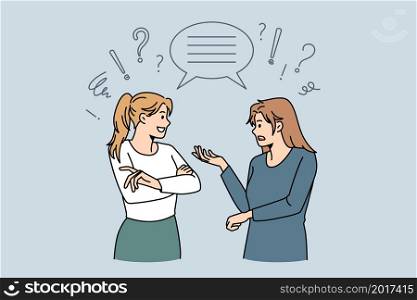 Women communicate feel confused with multicultural misunderstanding. Female colleagues talk speak in group conversation. International chat concept. Flat vector illustration. Speech bubble.. Multicultural women talk have communication problem
