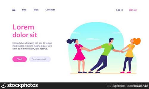 Women competing for boyfriend. Girls pulling on guy arms flat vector illustration. Competition, love, envy concept for banner, website design or landing web page