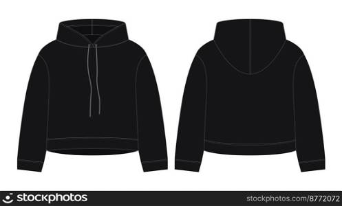 Women crop hoodie technical sketch. Black color. CAD mockup template hoody. Drawing kids clothes. Back and front view. Vector design for packaging, fashion catalog.. Women crop hoodie technical sketch. Black color. CAD mockup template hoody.