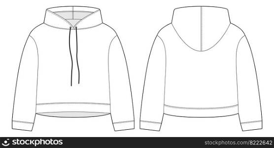 Women crop hoodie technical sketch. CAD mockup template hoody. Drawing kids clothes. Back and front view. Design for packaging, fashion catalog. Vector illustration. Women crop hoodie technical sketch. CAD mockup template hoody. Drawing kids clothes.