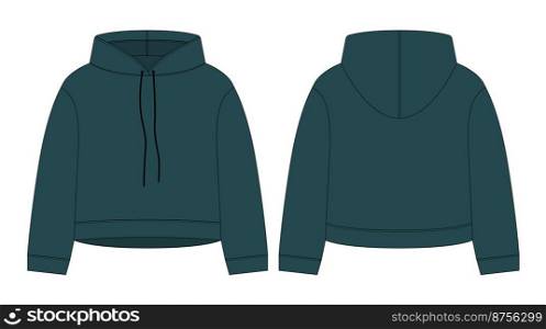 Women crop hoodie technical sketch. Dark green color. CAD mockup template hoody. Drawing kids clothes. Back and front view. Vector design for packaging, fashion catalog.. Women crop hoodie technical sketch. Dark green color. CAD mockup template hoody.