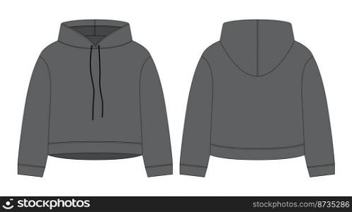 Women crop hoodie technical sketch. Dark grey color. CAD mockup template hoody. Drawing kids clothes. Back and front view. Vector design for packaging, fashion catalog.. Women crop hoodie technical sketch. Dark grey color. CAD mockup template hoody.