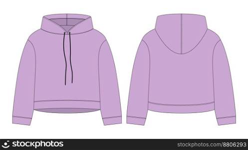 Women crop hoodie technical sketch. Pastel purple color. CAD mockup template hoody. Drawing kids clothes. Back and front view. Vector design for packaging, fashion catalog.. Women crop hoodie technical sketch. Pastel purple color. CAD mockup template hoody.
