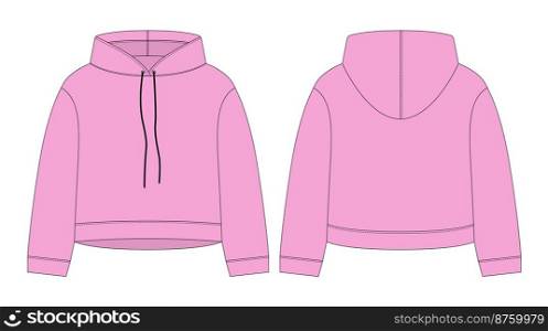 Women crop hoodie technical sketch. Pink color. CAD mockup template hoody. Drawing kids clothes. Back and front view. Vector design for packaging, fashion catalog.. Women crop hoodie technical sketch. Pink color. CAD mockup template hoody.