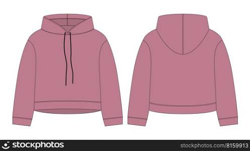 Women crop hoodie technical sketch. Pudra color. CAD mockup template hoody. Drawing kids clothes. Back and front view. Vector design for packaging, fashion catalog.. Women crop hoodie technical sketch. Pudra color. CAD mockup template hoody.