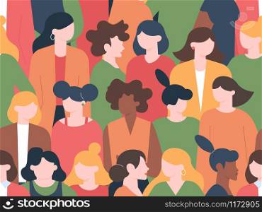 Women crowd seamless pattern. Womens characters group portraits, female community with various hairstyles. Multicultural women portrait diversity. Businesswoman faces silhouette vector illustration. Women crowd seamless pattern. Womens characters group portraits, female community with various hairstyles. Multicultural women portrait diversity vector illustration