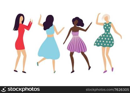 Women dancing, full length view of girls in dress, flat design style of female characters, hen-party or crowd of people on dance floor or concert vector. Flat cartoon. Hen-party or Dancing Entertainment, Women Vector
