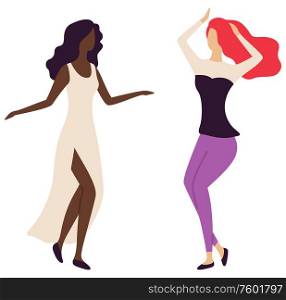 Women dancing together, portrait and full length view of moving females in fashion clothes, female characters on dance floor, dancer hen-party vector. Girls on Dance Floor, Women Moving, Disco Vector