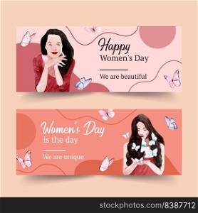 Women day banner design with women, butterfly watercolor illustration. 