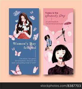 Women day flyer design with butterfly, women watercolor illustration.  