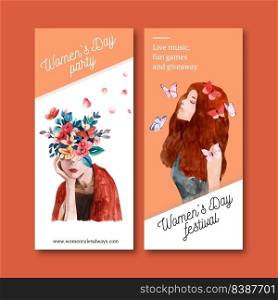 Women day flyer design with flower, women, butterfly watercolor illustration.  