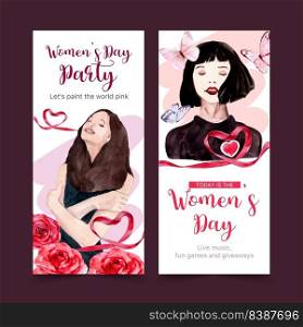 Women day flyer design with women, butterfly watercolor illustration.  
