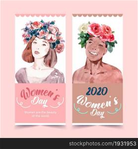 Women day flyer design with women, flower watercolor illustration.