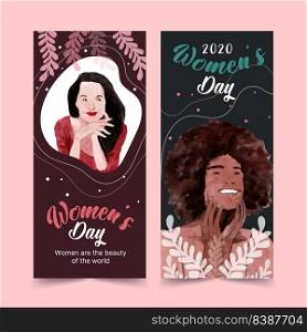 Women day flyer design with women watercolor illustration.  