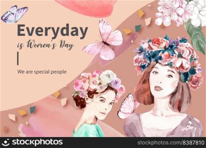 Women day frame design with  butterfly, women, flower  watercolor illustration,  
