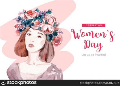 Women day frame design with  flower, women watercolor illustration,  