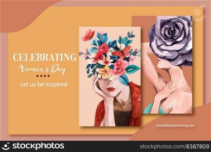 Women day frame design with rose, leaf  watercolor illustration,  