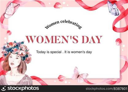 Women day frame design with woman, flower, butterfly watercolor illustration,  