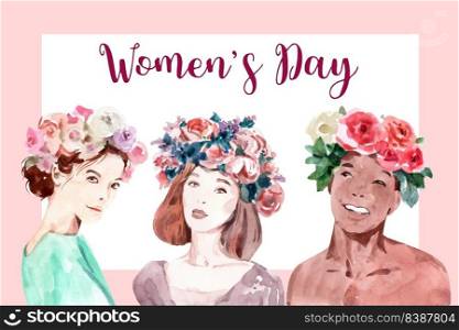 Women day frame design with women, flower crown watercolor illustration,  