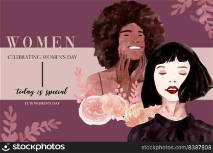 Women day frame design with women, plants  watercolor illustration,  