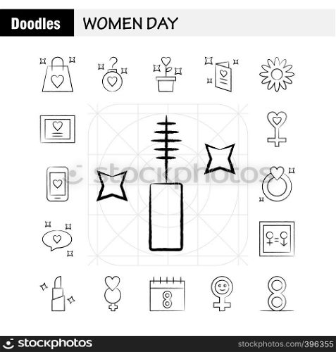 Women Day Hand Drawn Icons Set For Infographics, Mobile UX/UI Kit And Print Design. Include: Bag, Shopping Bag, Love, Valentine, Romantic, Ear Ring, Icon Set - Vector