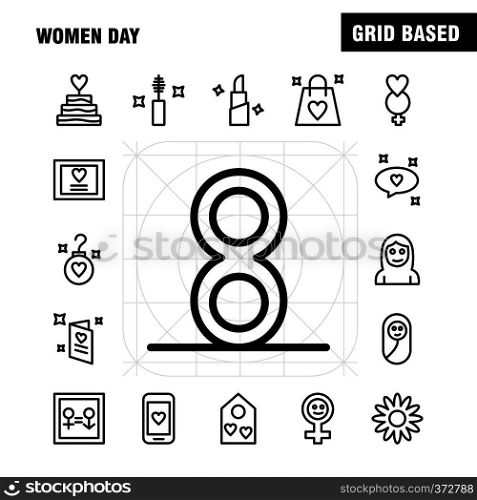 Women Day Line Icons Set For Infographics, Mobile UX/UI Kit And Print Design. Include: Bag, Shopping Bag, Love, Valentine, Romantic, Ear Ring, Icon Set - Vector