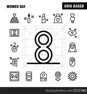 Women Day Line Icons Set For Infographics, Mobile UX/UI Kit And Print Design. Include: Bag, Shopping Bag, Love, Valentine, Romantic, Ear Ring, Icon Set - Vector