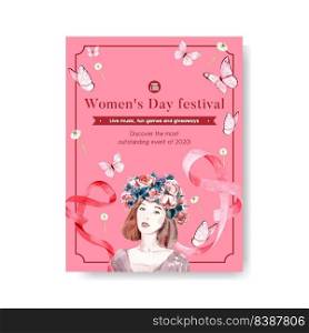 Women day poster design with  butterfly, ribbon, flowers watercolor illustration 